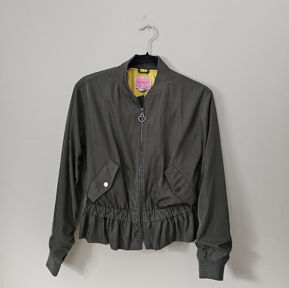 Kate Spade Twill Flounce Bomber Olive Green Jacket XS - Picture 7 of 15